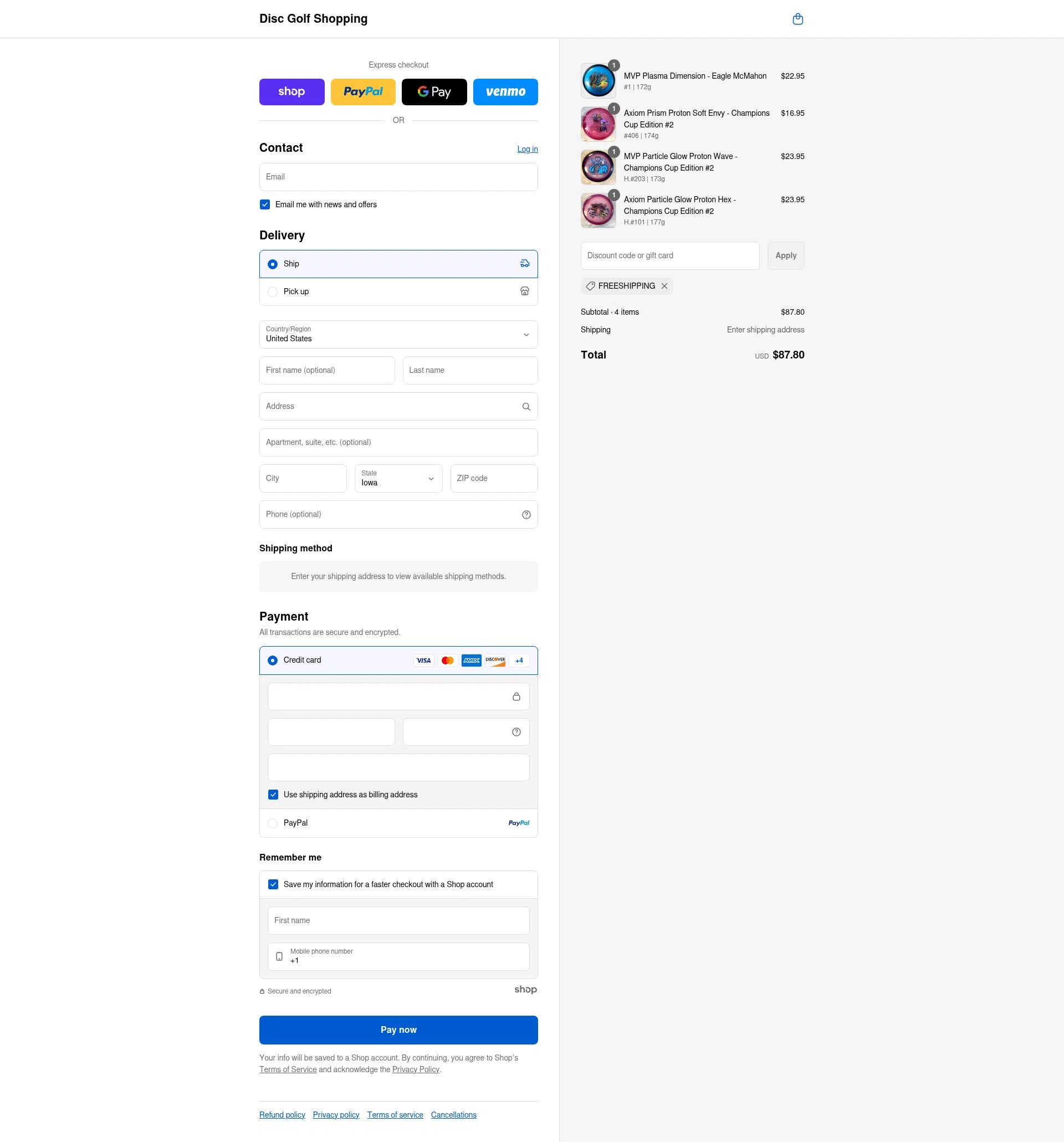Disc Golf Shopping checkout page showing Disc Golf Shopping discount code box | Screenshot taken by SimplyCodes community member on Aug 31, 2025