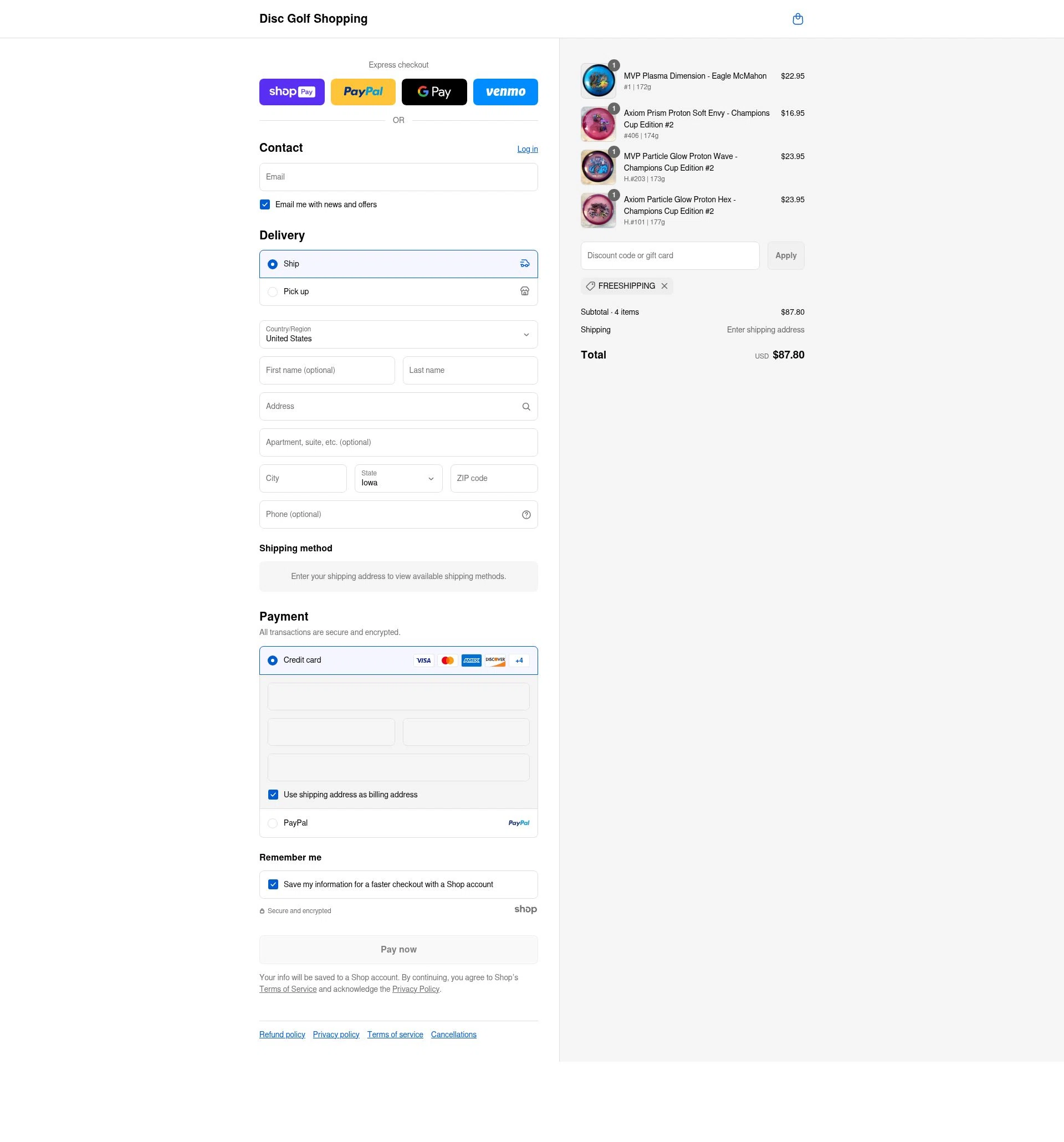Disc Golf Shopping checkout page showing Disc Golf Shopping discount code box | Screenshot taken by SimplyCodes community member on Aug 23, 2025