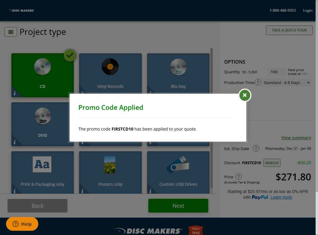 Disc Makers checkout page showing Disc Makers promo code box | Screenshot taken by SimplyCodes community member on Dec 20, 2025