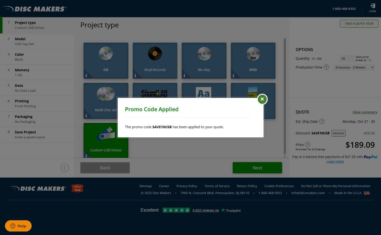 Disc Makers checkout page showing Disc Makers promo code box | Screenshot taken by SimplyCodes community member on Oct 4, 2025