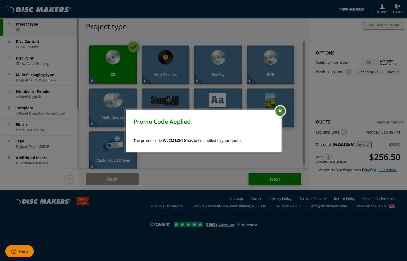 Disc Makers checkout page showing Disc Makers promo code box | Screenshot taken by SimplyCodes community member on Aug 23, 2025