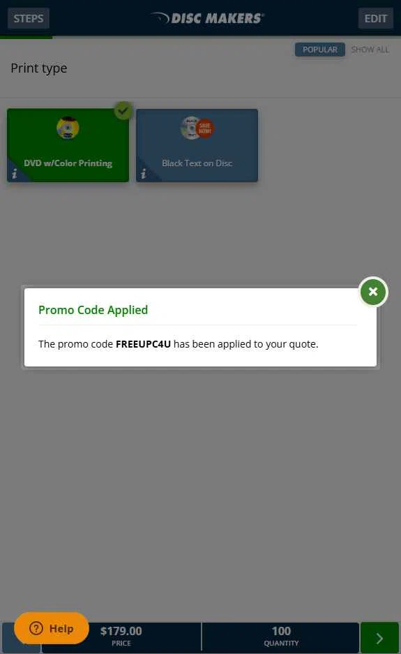 Disc Makers checkout page showing Disc Makers promo code box | Screenshot taken by SimplyCodes community member on Sep 19, 2025