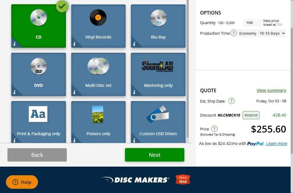 Disc Makers checkout page showing Disc Makers promo code box | Screenshot taken by SimplyCodes community member on Sep 21, 2025