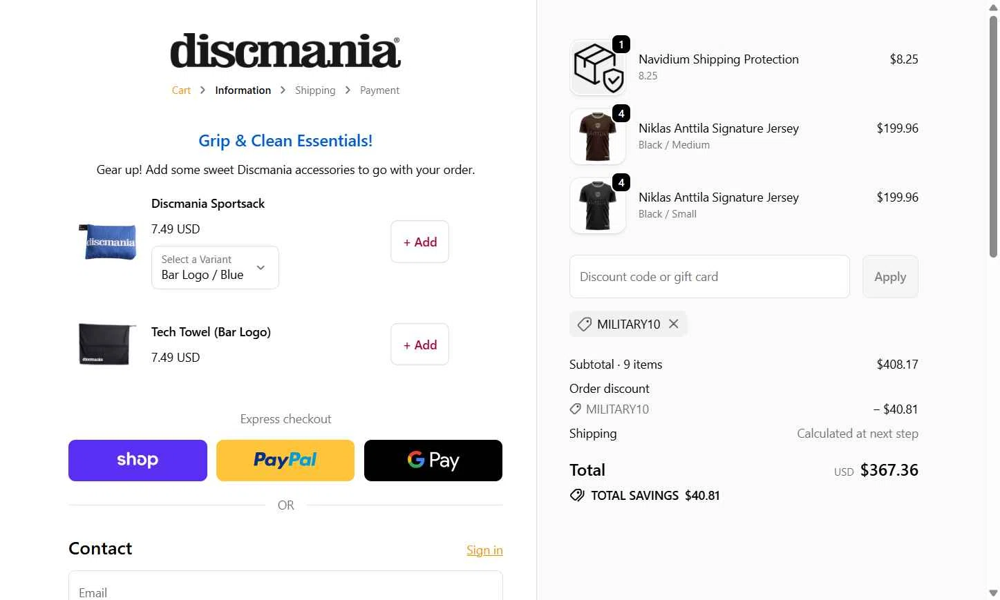 Discmania Store checkout page showing Discmania Store promo code box | Screenshot taken by SimplyCodes community member on Feb 5, 2026