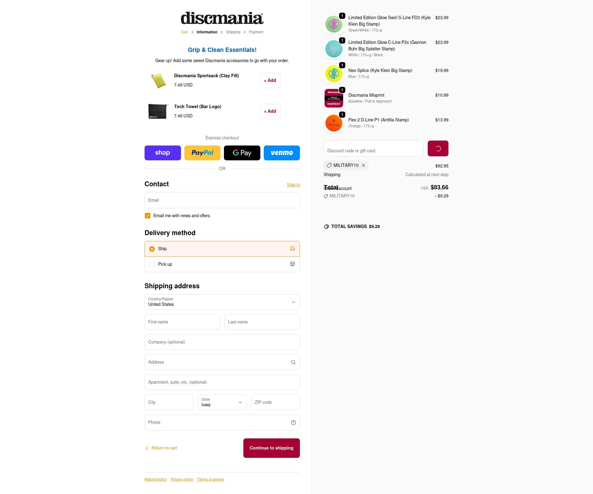 Discmania Store checkout page showing Discmania Store promo code box | Screenshot taken by SimplyCodes community member on Jan 23, 2026