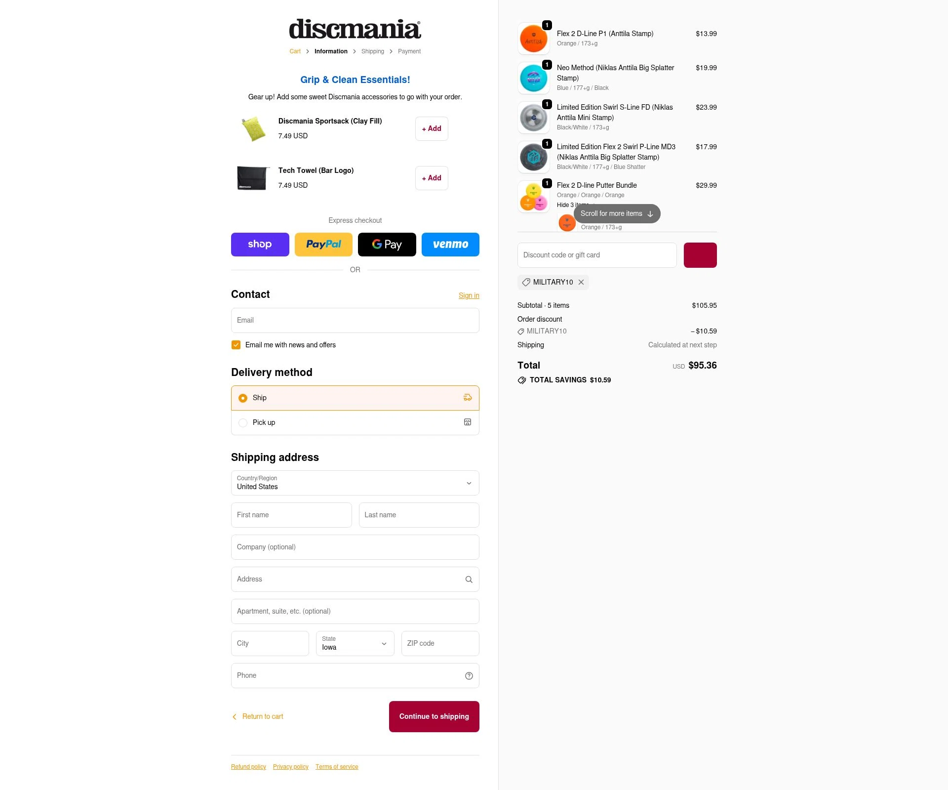 Discmania Store checkout page showing Discmania Store promo code box | Screenshot taken by SimplyCodes community member on Jan 13, 2026
