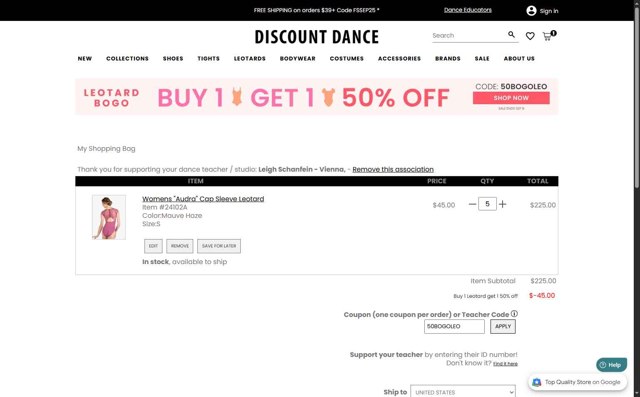 Discount Dance Supply checkout page showing Discount Dance Supply promo code box | Screenshot taken by SimplyCodes community member on Sep 7, 2025