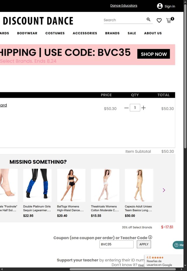 Discount Dance Supply checkout page showing Discount Dance Supply promo code box | Screenshot taken by SimplyCodes community member on Aug 7, 2025