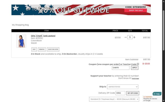 Discount Dance Supply checkout page showing Discount Dance Supply promo code box | Screenshot taken by SimplyCodes community member on Aug 27, 2025
