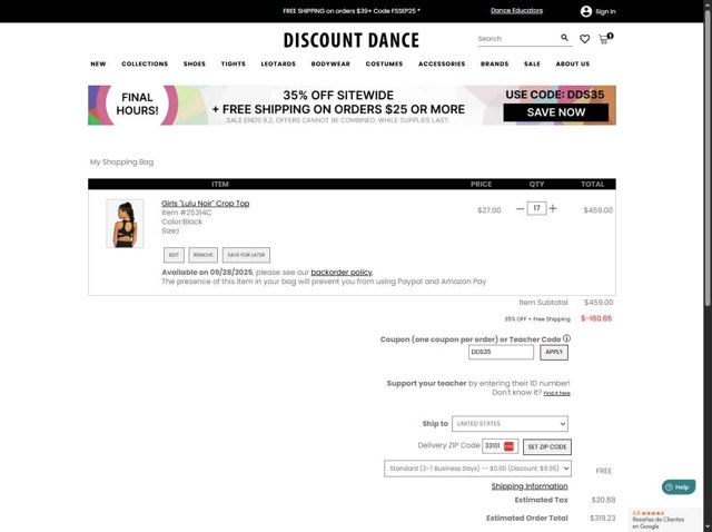Discount Dance Supply checkout page showing Discount Dance Supply promo code box | Screenshot taken by SimplyCodes community member on Sep 2, 2025