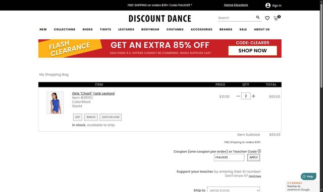 Discount Dance Supply checkout page showing Discount Dance Supply promo code box | Screenshot taken by SimplyCodes community member on Aug 30, 2025