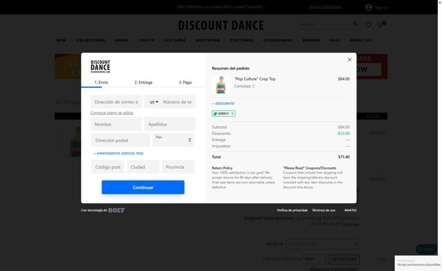 Discount Dance Supply checkout page showing Discount Dance Supply promo code box | Screenshot taken by SimplyCodes community member on Aug 29, 2025