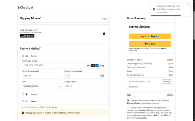 Discount Divas checkout page showing Discount Divas coupon code box | Screenshot taken by SimplyCodes community member on Jul 30, 2025