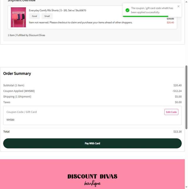 Discount Divas checkout page showing Discount Divas coupon code box | Screenshot taken by SimplyCodes community member on Jun 16, 2025