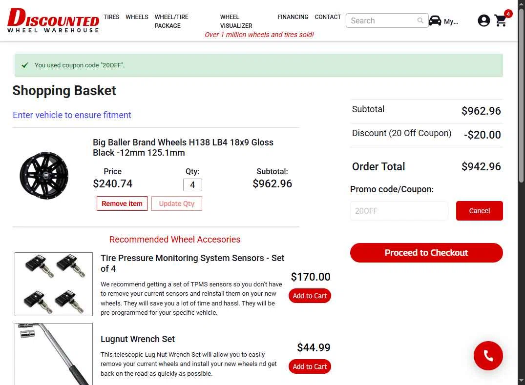 Discounted Wheel Warehouse checkout page showing Discounted Wheel Warehouse promo code box | Screenshot taken by SimplyCodes community member on Nov 20, 2025