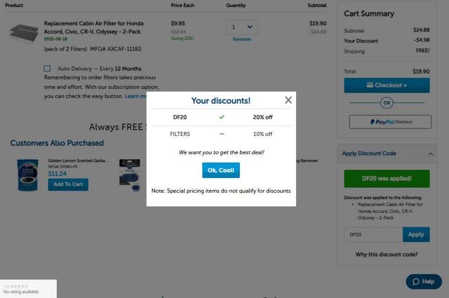 Discount Filters checkout page showing Discount Filters coupon code box | Screenshot taken by SimplyCodes community member on Aug 17, 2025