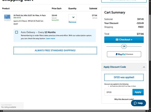 Discount Filters checkout page showing Discount Filters coupon code box | Screenshot taken by SimplyCodes community member on Sep 5, 2025