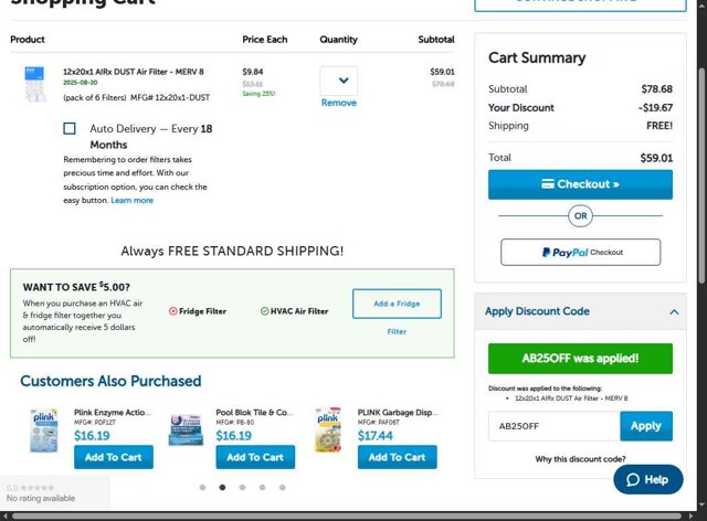 Discount Filters checkout page showing Discount Filters coupon code box | Screenshot taken by SimplyCodes community member on Aug 20, 2025