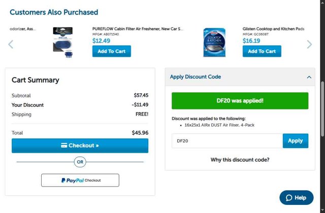 Discount Filters checkout page showing Discount Filters coupon code box | Screenshot taken by SimplyCodes community member on Sep 6, 2025