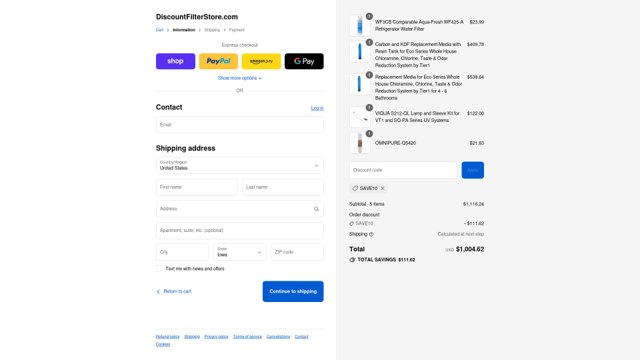 Discount Filter Store checkout page showing Discount Filter Store coupon code box | Screenshot taken by SimplyCodes community member on Sep 4, 2025