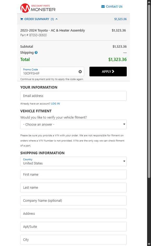 Discount Parts Monster checkout page showing Discount Parts Monster coupon code box | Screenshot taken by SimplyCodes community member on Nov 11, 2025
