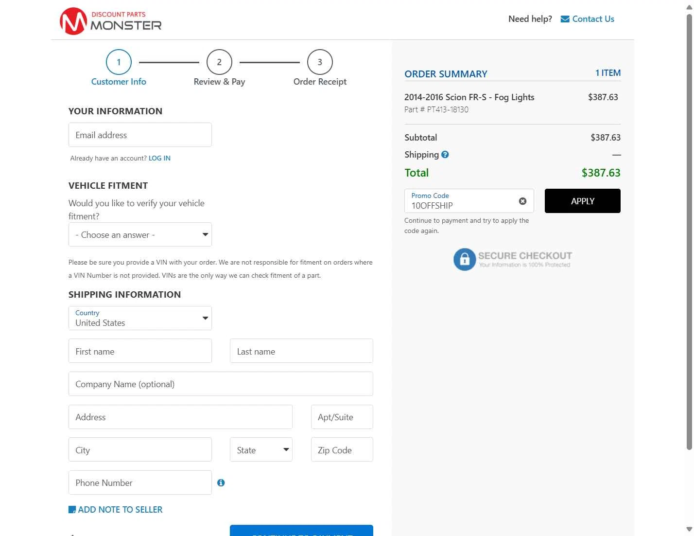 Discount Parts Monster checkout page showing Discount Parts Monster coupon code box | Screenshot taken by SimplyCodes community member on Sep 18, 2025