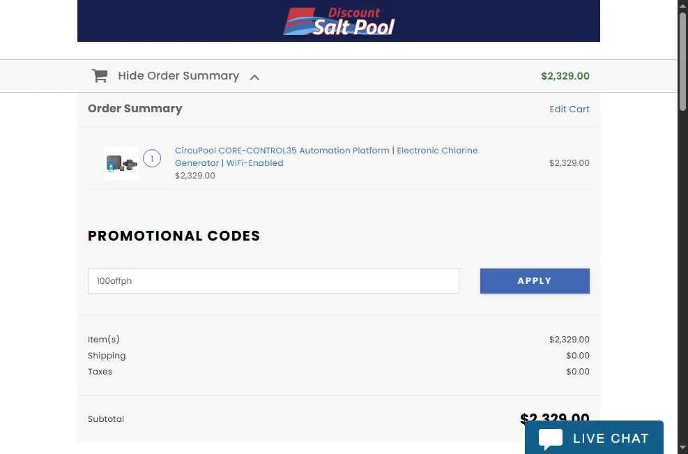 Discount Salt Pool checkout page showing Discount Salt Pool promo code box | Screenshot taken by SimplyCodes community member on Jan 22, 2026