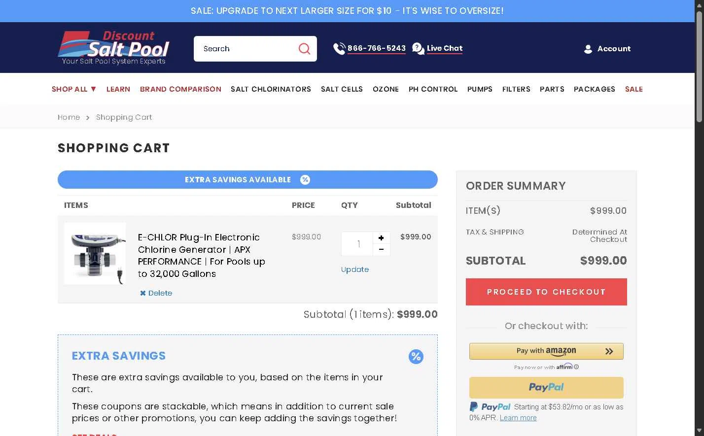 Discount Salt Pool checkout page showing Discount Salt Pool promo code box | Screenshot taken by SimplyCodes community member on Jan 22, 2026