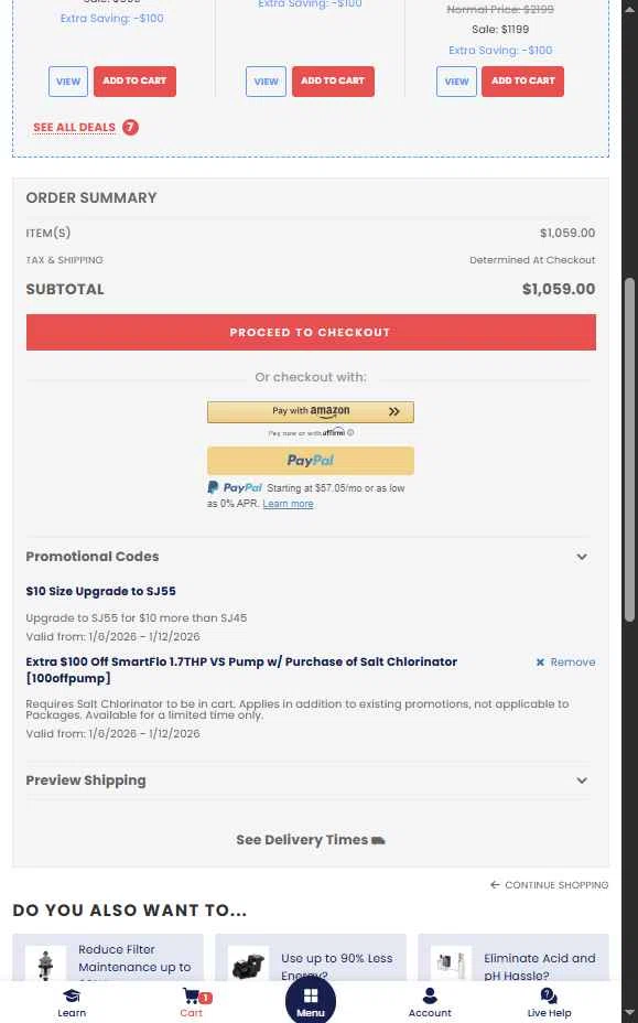 Discount Salt Pool checkout page showing Discount Salt Pool promo code box | Screenshot taken by SimplyCodes community member on Jan 8, 2026