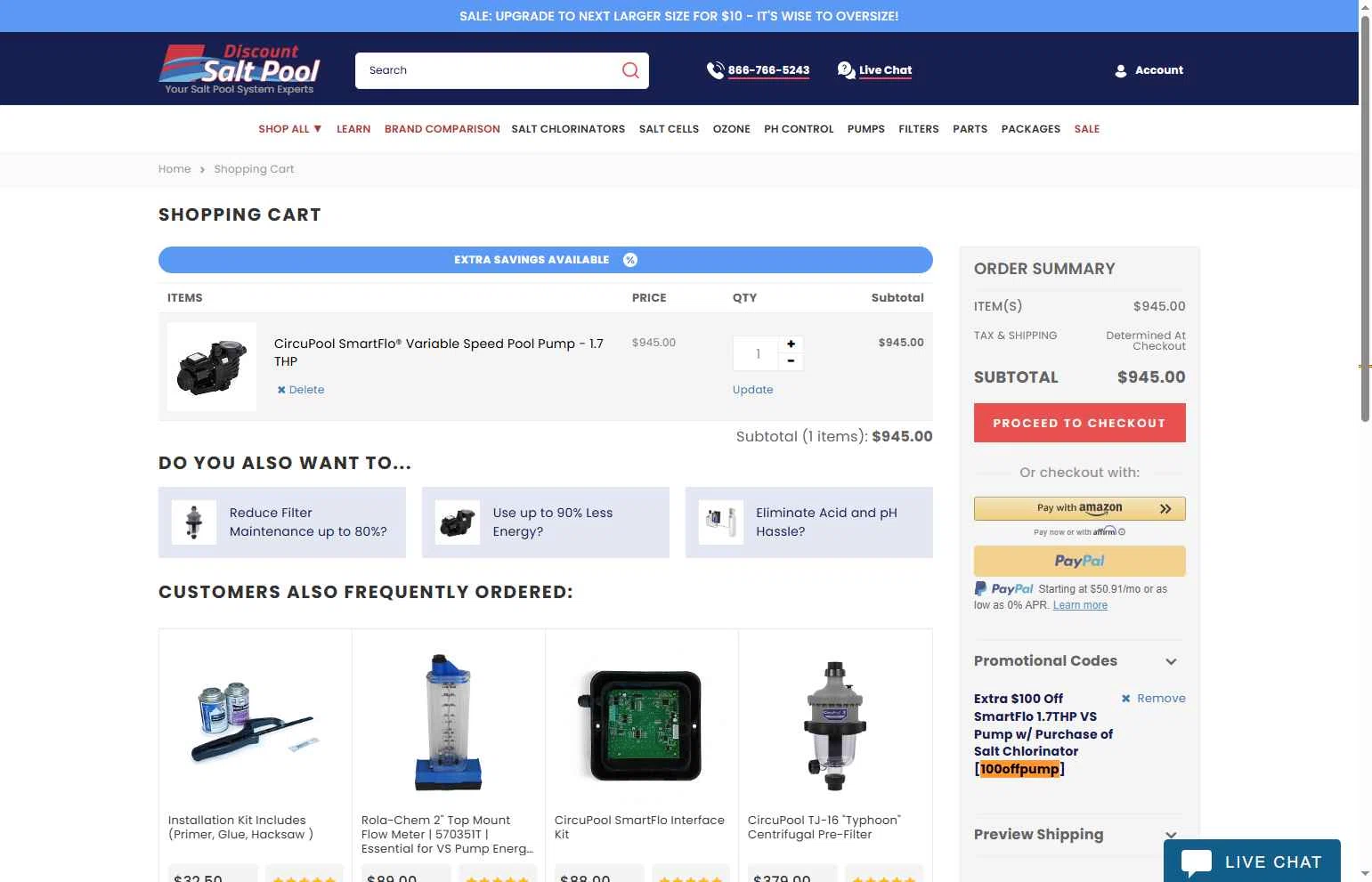 Discount Salt Pool checkout page showing Discount Salt Pool promo code box | Screenshot taken by SimplyCodes community member on Feb 6, 2026