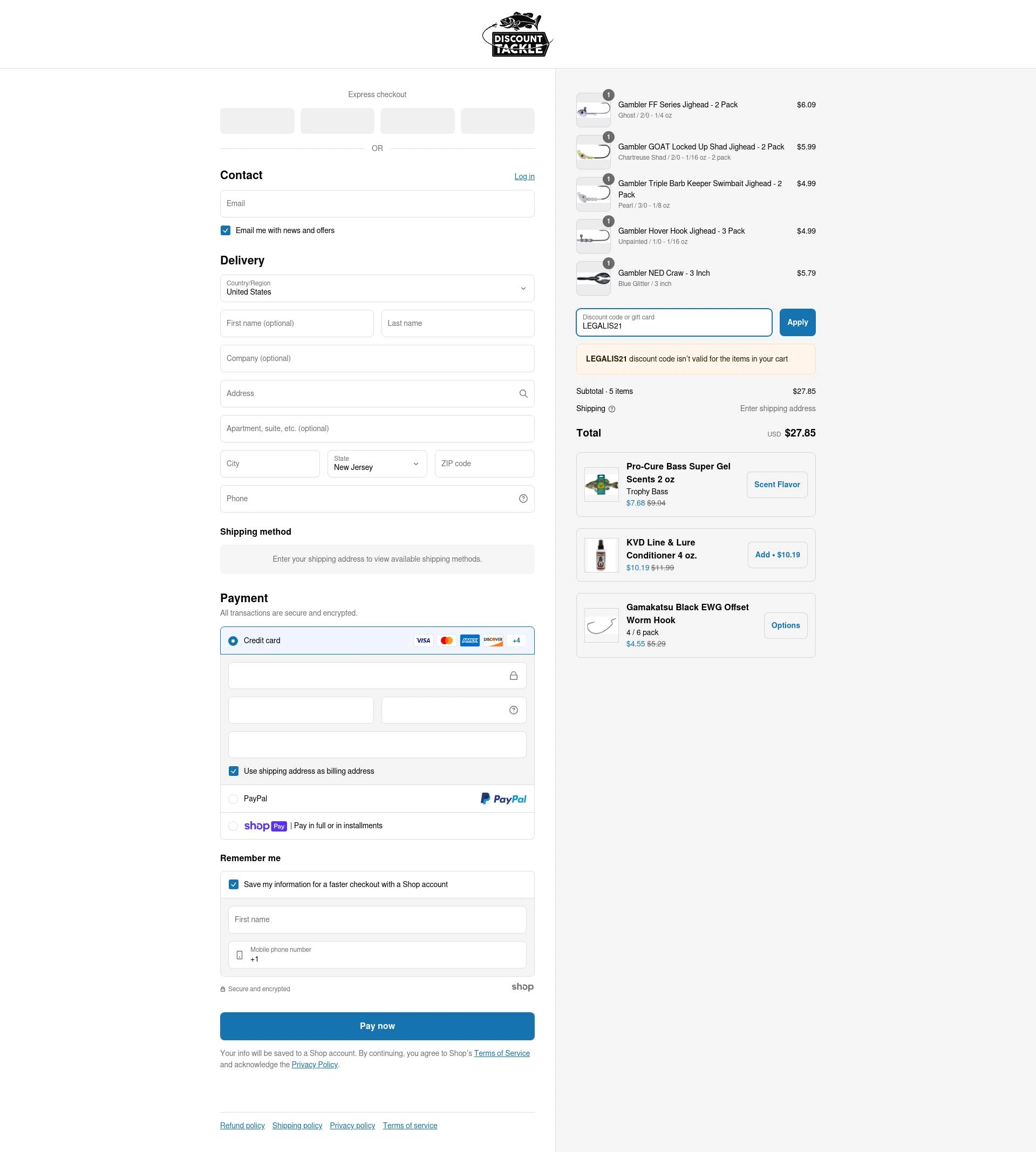 Discount Tackle checkout page showing Discount Tackle discount code box | Screenshot taken by SimplyCodes community member on Mar 8, 2025