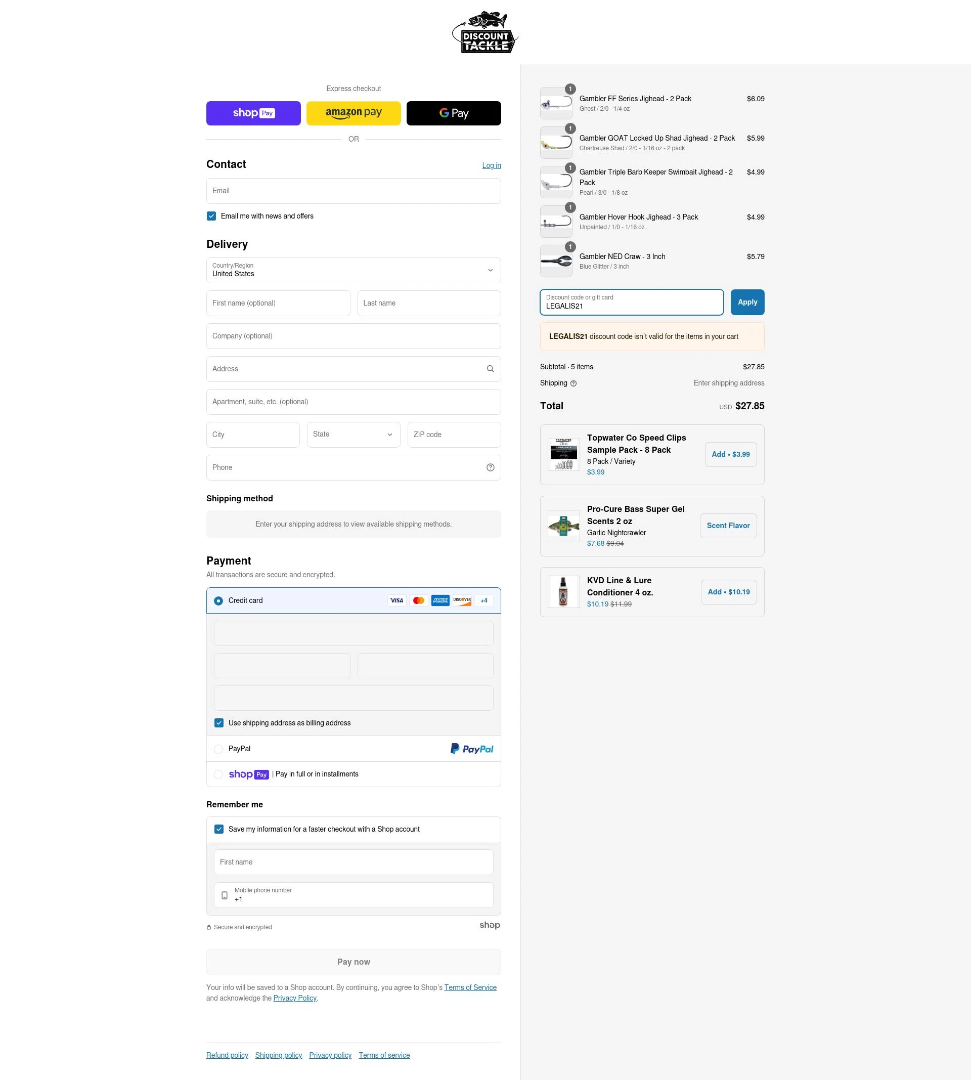 Discount Tackle checkout page showing Discount Tackle discount code box | Screenshot taken by SimplyCodes community member on Mar 31, 2025