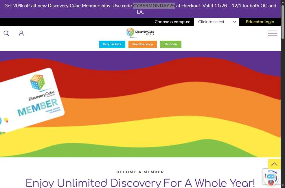 Discovery Science Center checkout page showing Discovery Science Center coupon code box | Screenshot taken by SimplyCodes community member on Nov 26, 2025