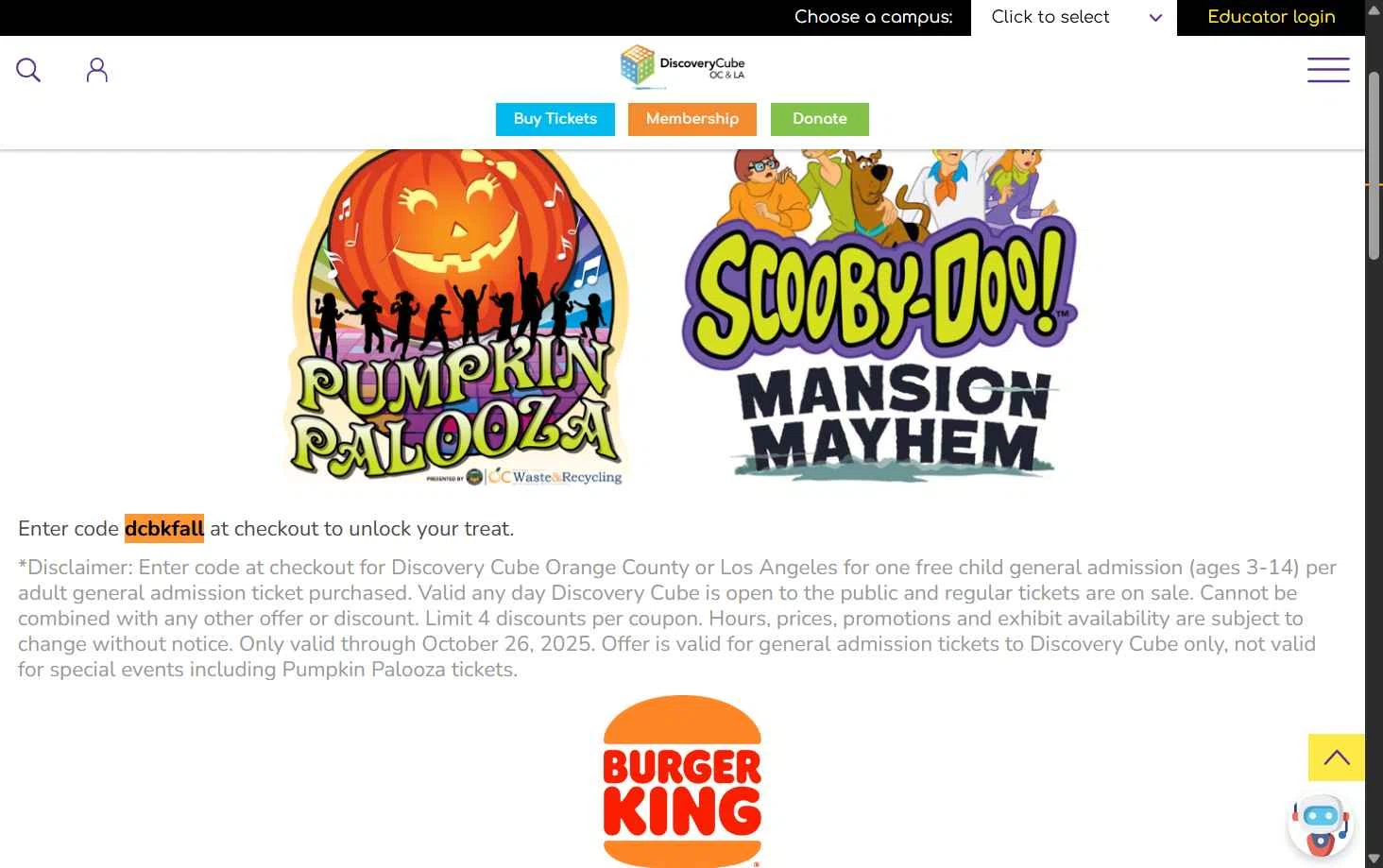 Discovery Science Center checkout page showing Discovery Science Center coupon code box | Screenshot taken by SimplyCodes community member on Oct 18, 2025
