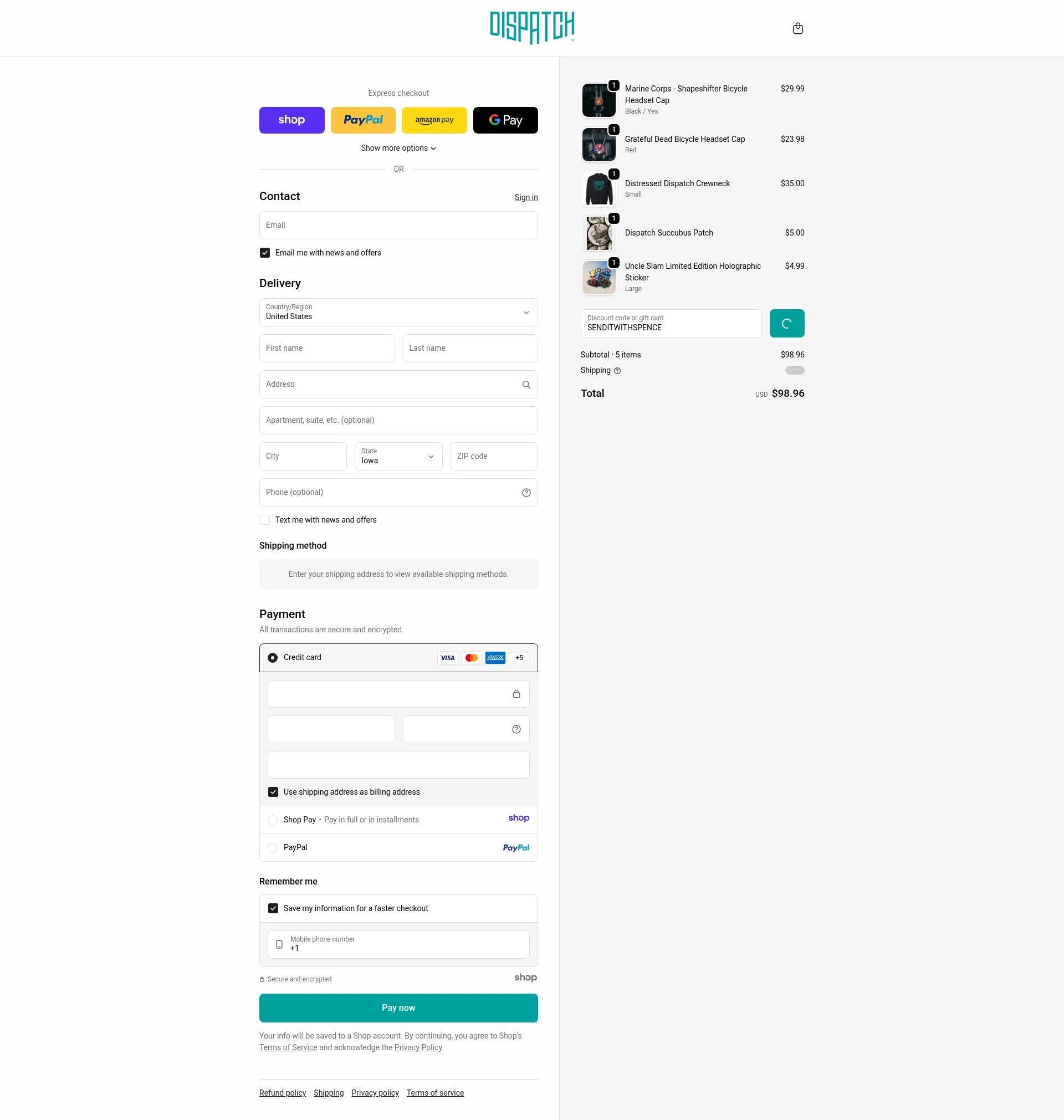 Dispatch Custom Cycling Components checkout page showing Dispatch Custom Cycling Components promo code box | Screenshot taken by SimplyCodes community member on Jan 3, 2026