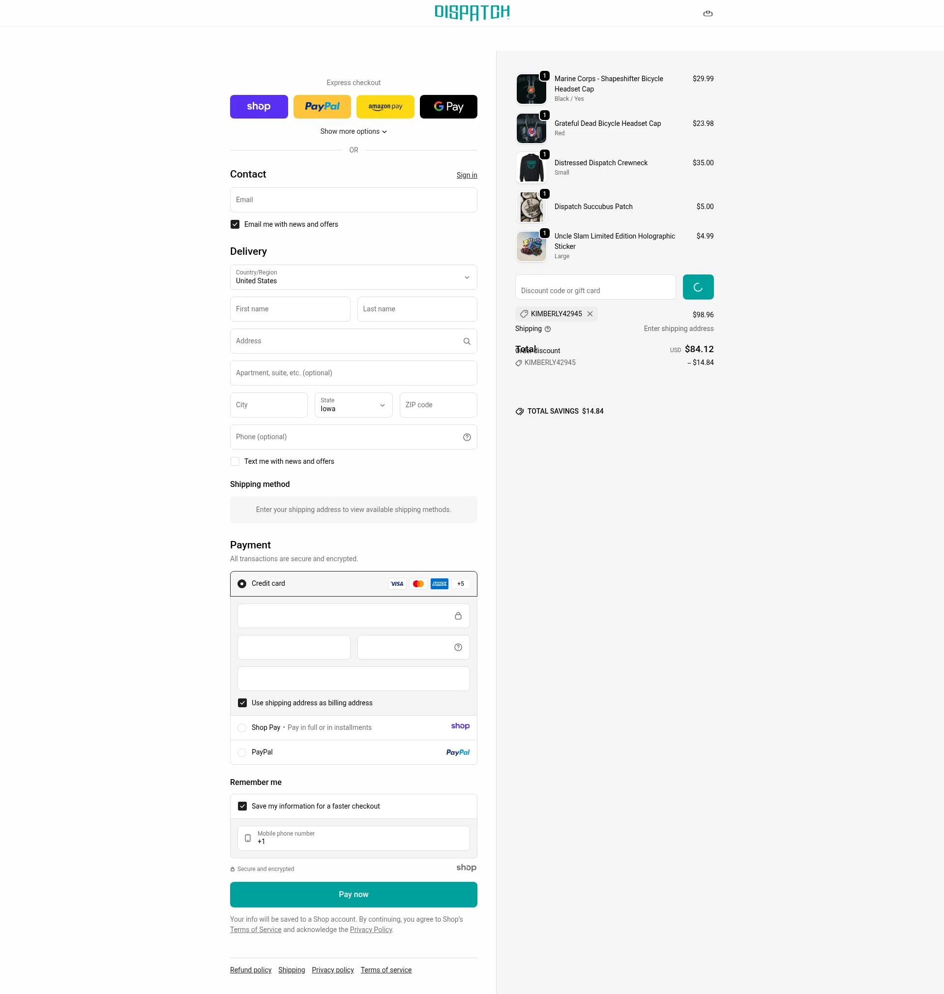 Dispatch Custom Cycling Components checkout page showing Dispatch Custom Cycling Components promo code box | Screenshot taken by SimplyCodes community member on Jan 8, 2026