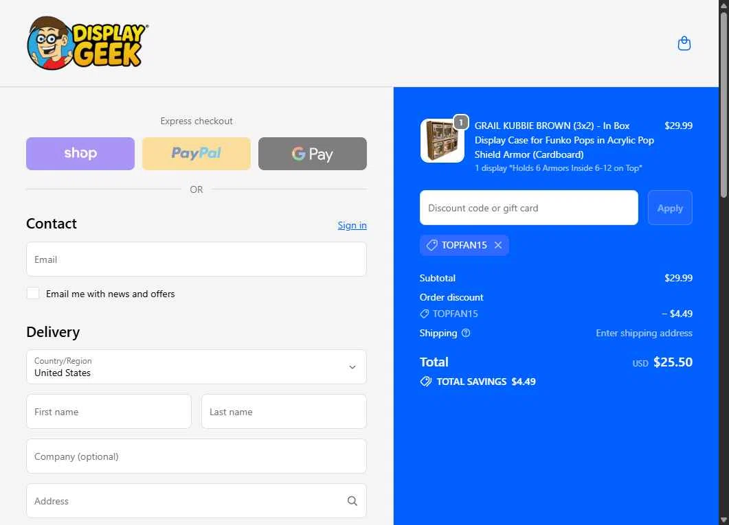 Display Geek checkout page showing Display Geek discount code box | Screenshot taken by SimplyCodes community member on Feb 2, 2026