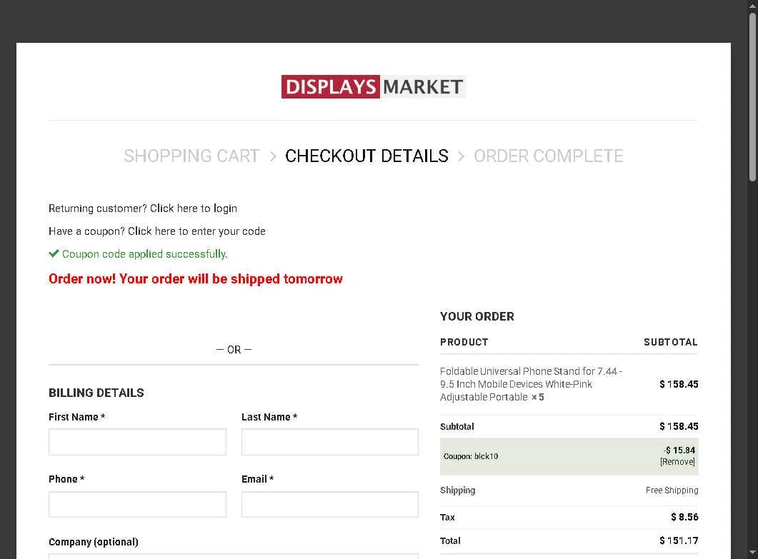 Displays Market checkout page showing Displays Market coupon code box | Screenshot taken by SimplyCodes community member on Nov 21, 2025