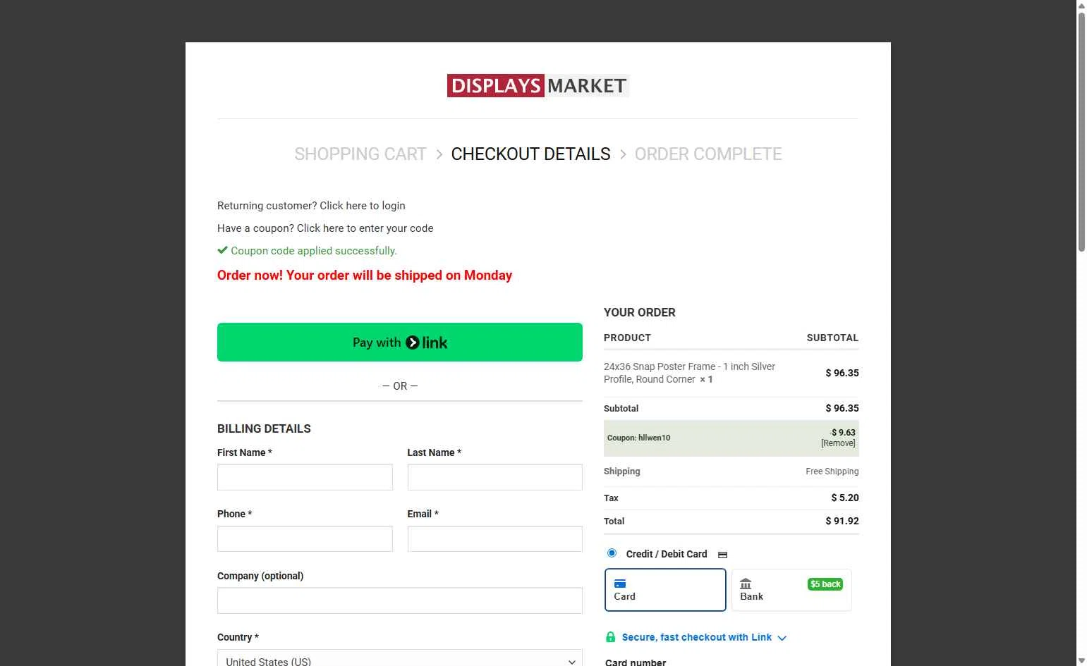Displays Market checkout page showing Displays Market coupon code box | Screenshot taken by SimplyCodes community member on Nov 1, 2025