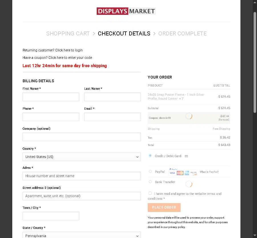 Displays Market checkout page showing Displays Market coupon code box | Screenshot taken by SimplyCodes community member on Nov 19, 2025