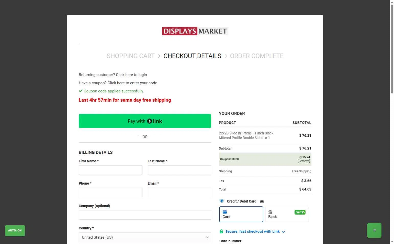 Displays Market checkout page showing Displays Market coupon code box | Screenshot taken by SimplyCodes community member on Sep 8, 2025