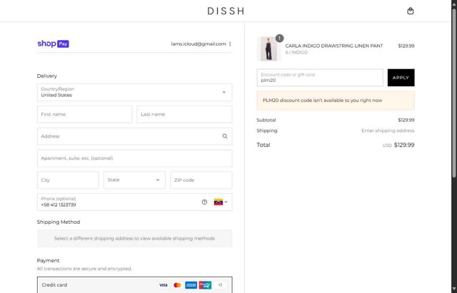 DISSH checkout page showing DISSH discount code box | Screenshot taken by SimplyCodes community member on Aug 24, 2025