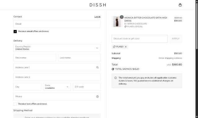 DISSH checkout page showing DISSH discount code box | Screenshot taken by SimplyCodes community member on Aug 28, 2025