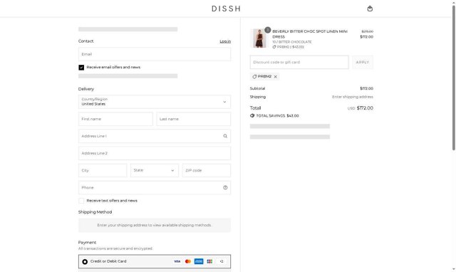 DISSH checkout page showing DISSH discount code box | Screenshot taken by SimplyCodes community member on Aug 27, 2025