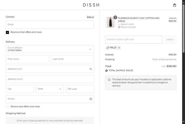DISSH checkout page showing DISSH discount code box | Screenshot taken by SimplyCodes community member on Sep 11, 2025
