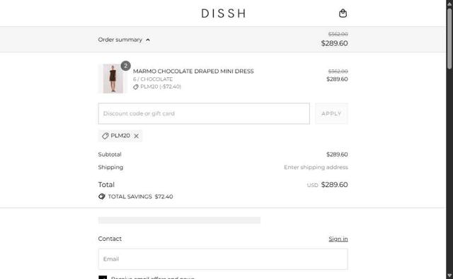 DISSH checkout page showing DISSH discount code box | Screenshot taken by SimplyCodes community member on Sep 13, 2025