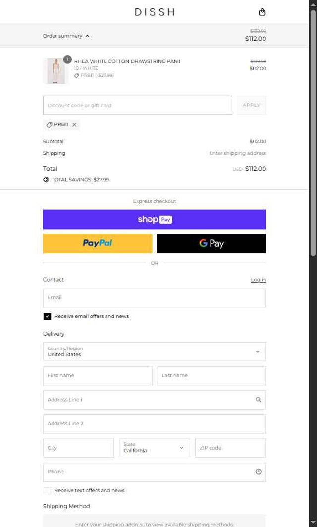 DISSH checkout page showing DISSH discount code box | Screenshot taken by SimplyCodes community member on Aug 25, 2025