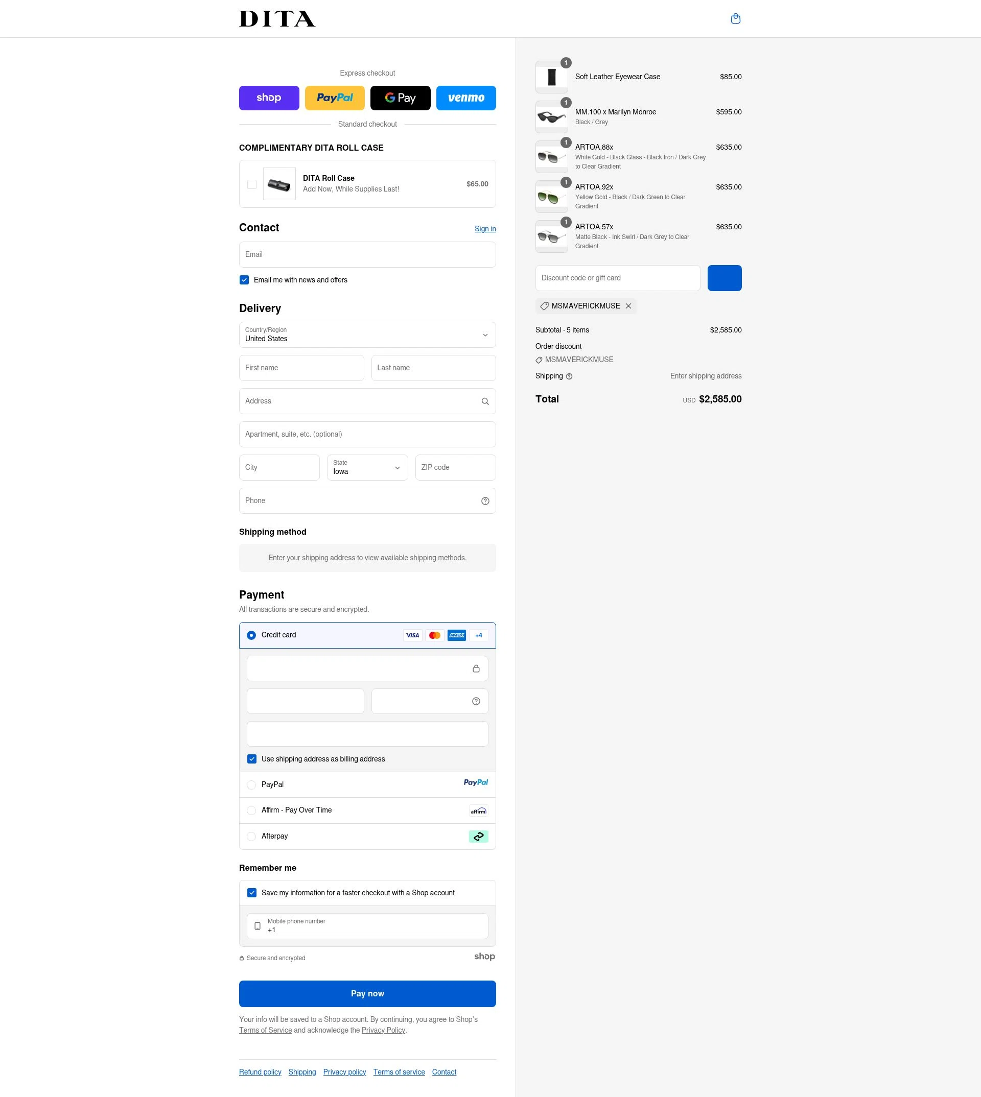 Dita checkout page showing Dita discount code box | Screenshot taken by SimplyCodes community member on Sep 15, 2025