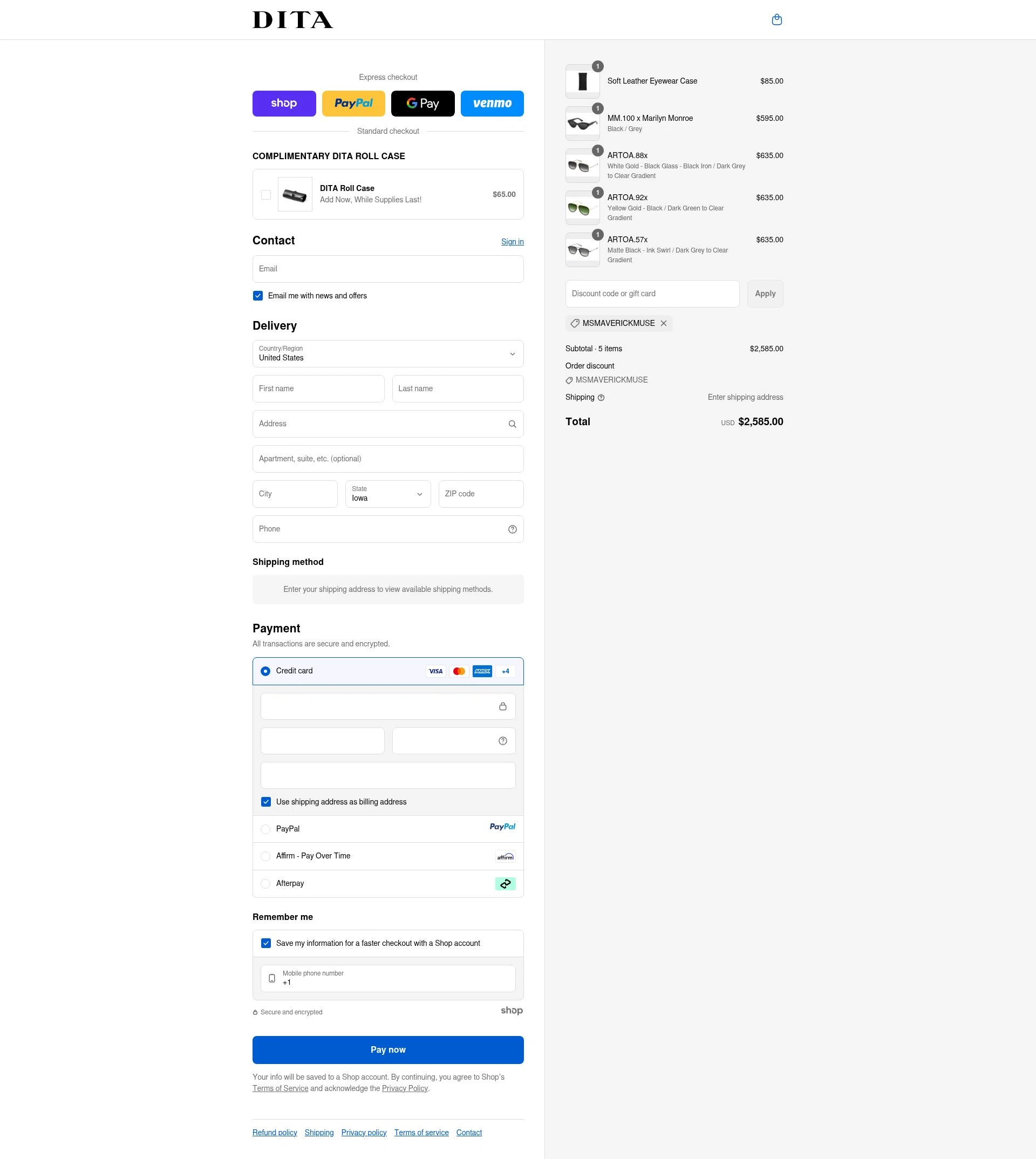 Dita checkout page showing Dita discount code box | Screenshot taken by SimplyCodes community member on Sep 11, 2025