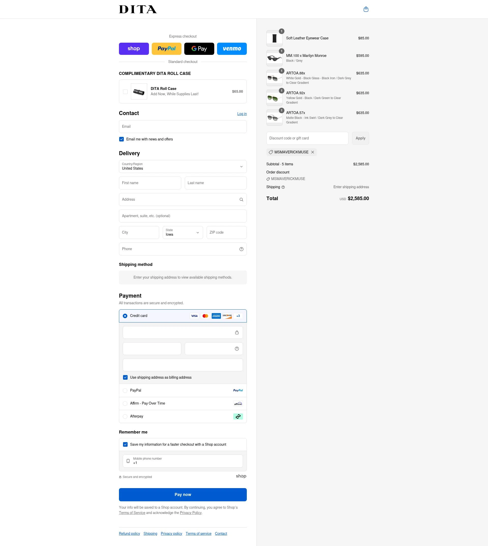 Dita checkout page showing Dita discount code box | Screenshot taken by SimplyCodes community member on Sep 7, 2025